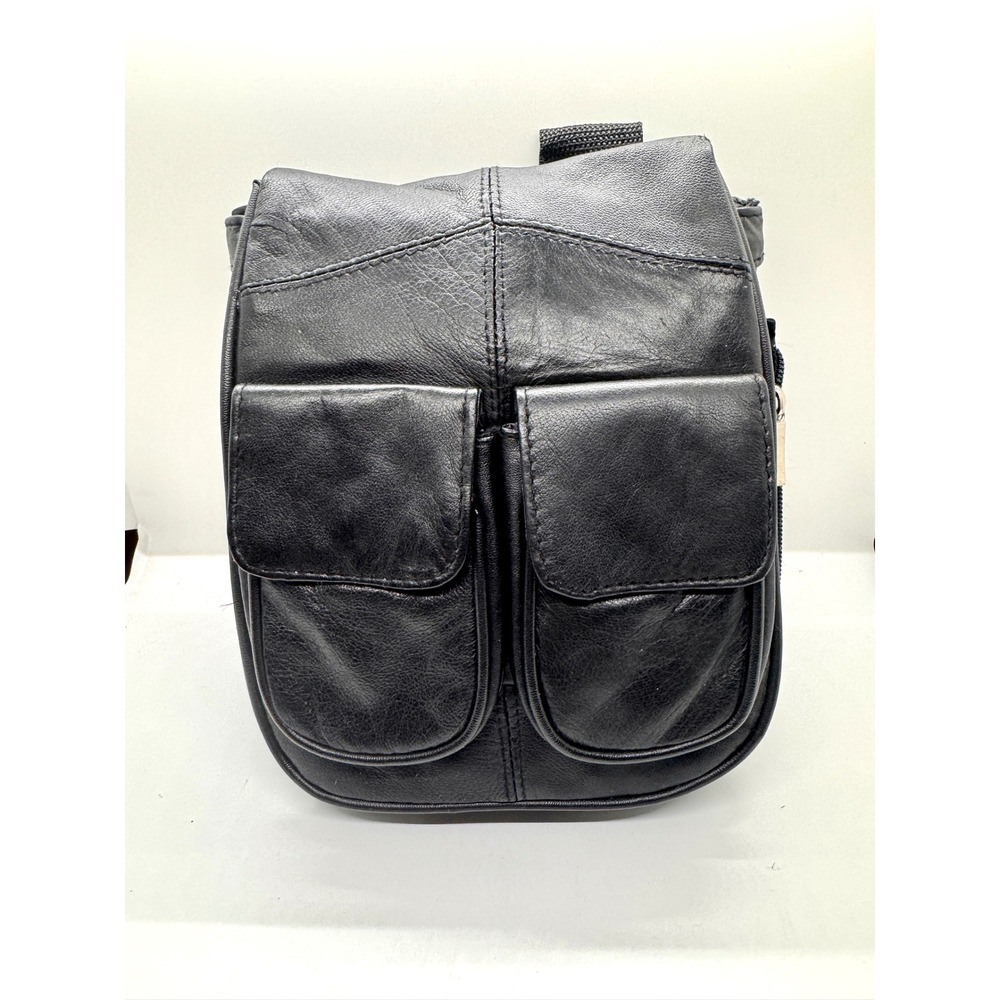 Black Leather Crossbody Sling Bag Multi Pocket Utility Messenger Travel Bag